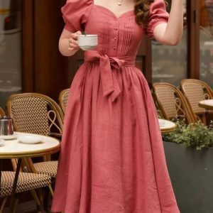 Vintage Pink Midi Dress with Puff Sleeves & Waist Tie
