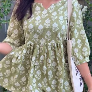 Green Floral Printed Cotton Kurti