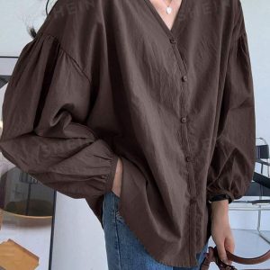 Women’s Oversized Brown V-Neck Shirt