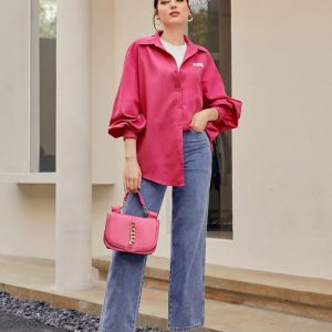 Women’s Satin Pink Lantern Sleeve Shirt