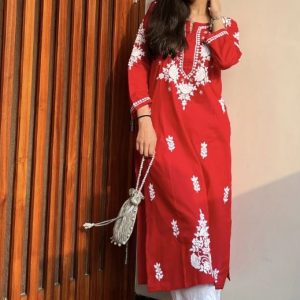 Red Cotton Embroidered Straight Kurti with White Thread Work