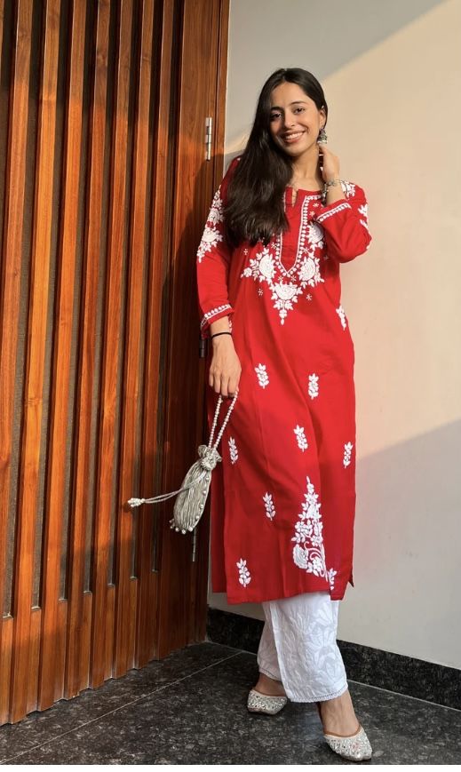 Red Cotton Embroidered Straight Kurti with White Thread Work